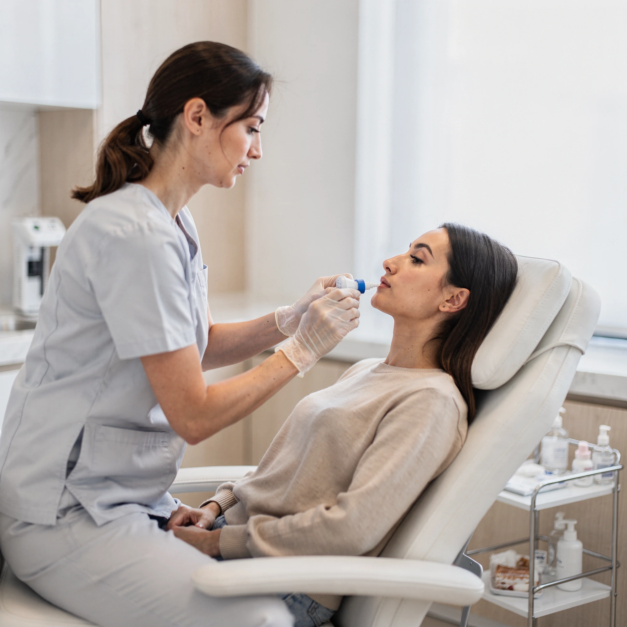 Healthcare provider administering medication to patient seated in clinical exam chair